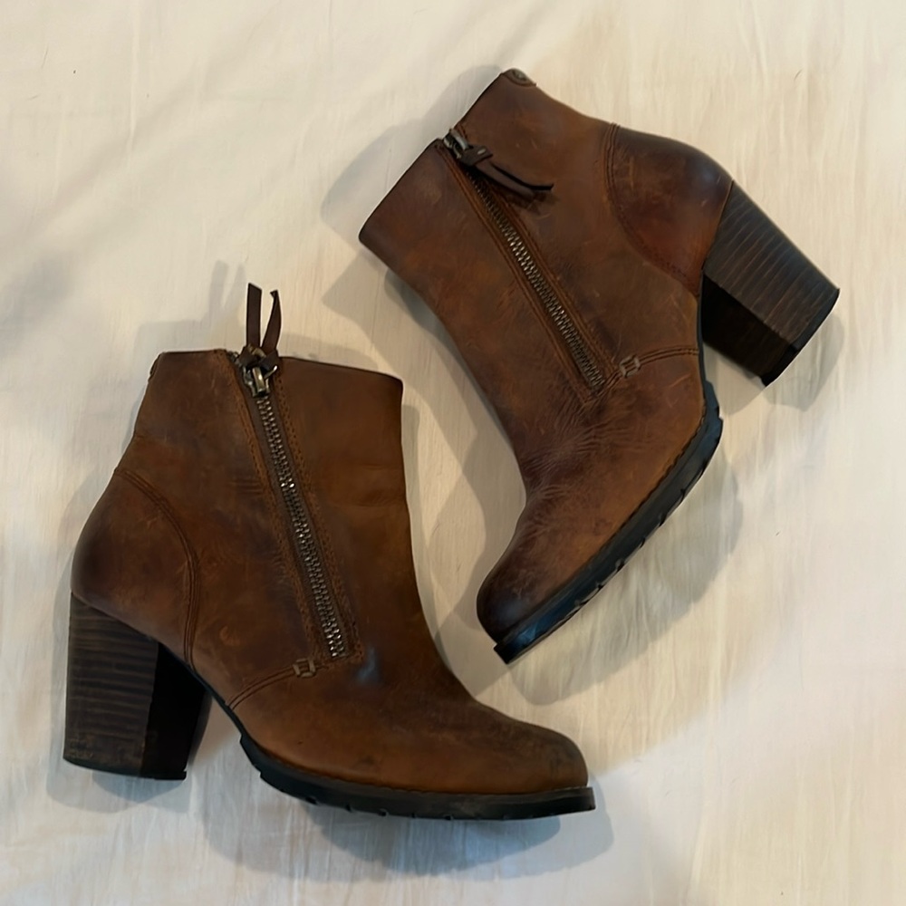 Brown Leather Ankle Booties with Chunky Heel